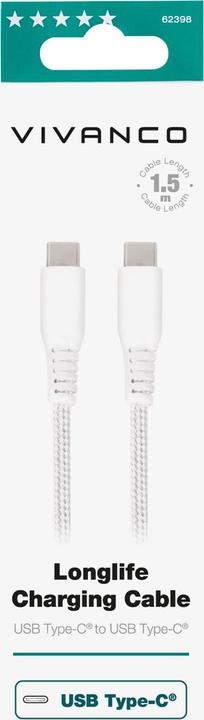 Immagine prodotto Vivanco cavo USB-C - ricarica USB-C LongLife 1,5 m, baltas (62398) (1.50 m, USB 3.2 Gen 2)