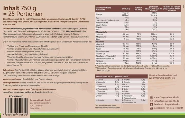Nährwerte und Zutaten For You eiweiss power (Schokolade, 1 Stk., 750 g)