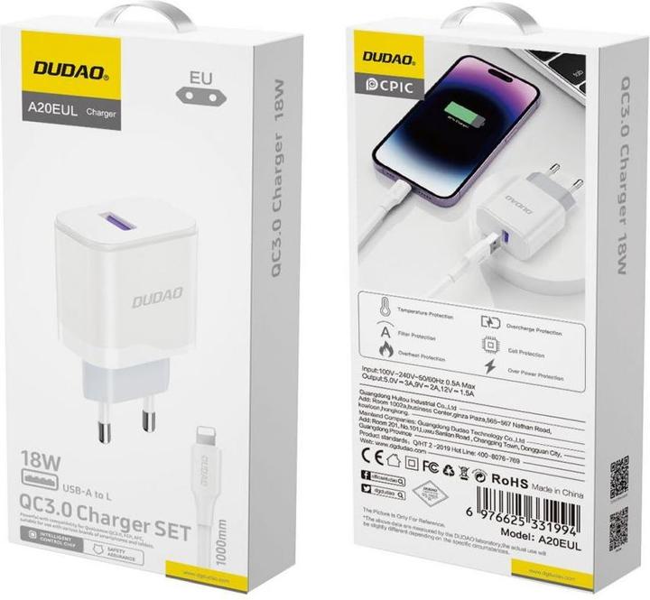 Actual product image Dudao A20EU USB-A 18W wall charger - white + USB-A - Lightning cable (18 W)