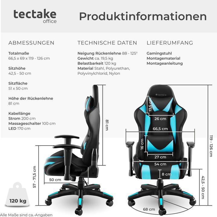 Produktbild tectake Gamingstuhl Tartaros, LED, Massagefunktion