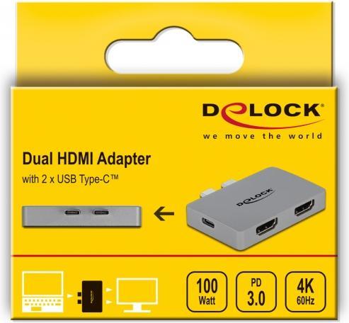 Image du produit Delock Adaptateur HDMI double avec 4K 60 Hz et PD 3.0 pour MacBook (USB-C, 2 Ports)