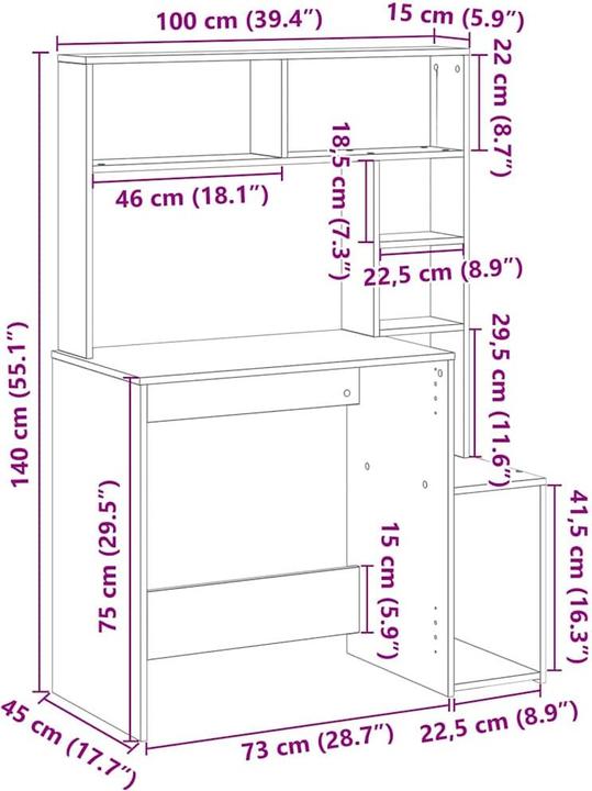 Produktbild VidaXL Schreibtisch mit Regal Grau Sonoma 100x45x140 cm Holzwerkstoff (100 x 45 x 140 cm)