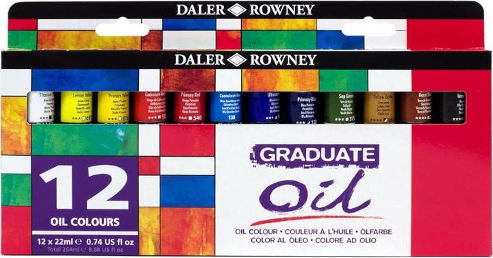 Daler-Rowney Oelfarbe Graduate Set (Lemon, Lights Ochre, Ultramarine, Ivory Black, Burnt umber, Sap green, Titanium white, Primary blue, Cölin blue (imit.), Primary red, Primary yellow, Cadmium red (imit.), 22 ml)