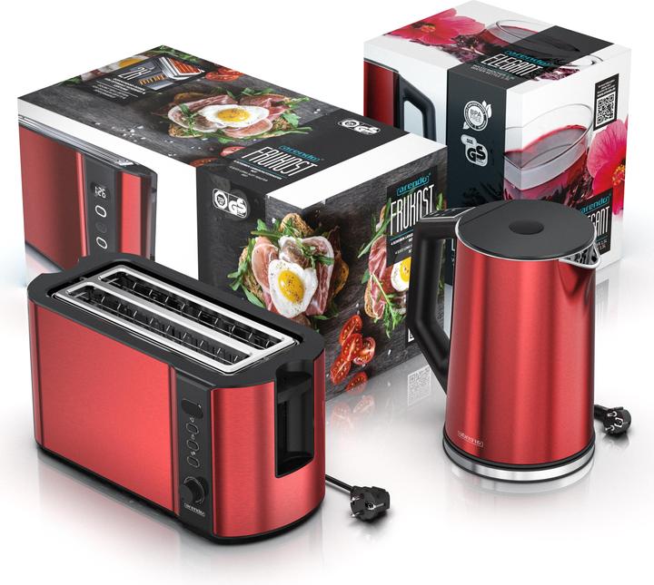 Produktbild Arendo Frühstücks Set, Edelstahl Wasserkocher 1,5l Temperaturwahl & 4-Scheiben Langschlitz Toaster, Rot (1.50 l)