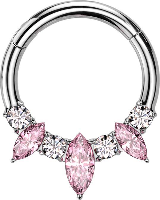 Star Piercing Micro Segmentring klappbar silber zwei ovale Kristalle silber vier rund Kristalle silber (ohne Messing, Titan G23)