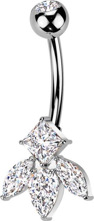 Star Piercing Banane silber mit Kugel Kristall silber und drei Ovale und ein eckiger Kristall silber (Messing, Titan G23)