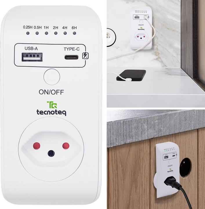Image du produit Tecnoteq Prise de courant avec 2x port de charge USB, 3.1 A, minuterie, protection contre les surtensions
