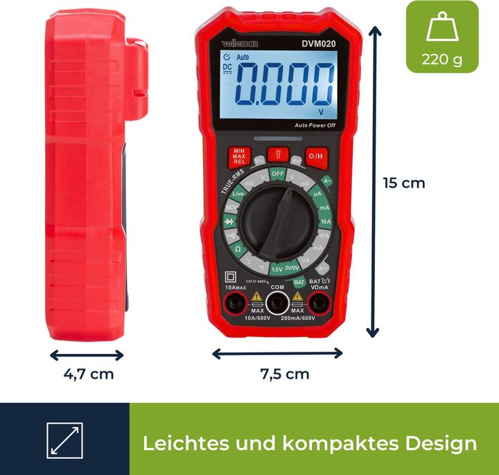 Image du produit Velleman Multimètre numérique universel et robuste à valeurs réelles - CAT III - 600 V - 8 fonctions (CAT III)