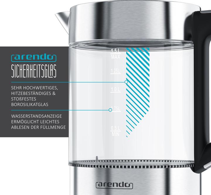 Produktbild Arendo Wasserkocher 1,5 l, 2200 W, Edelstahl & Glas mit Basisstation, Temperatureinstellung 70° C - 100° C (1.50 l)