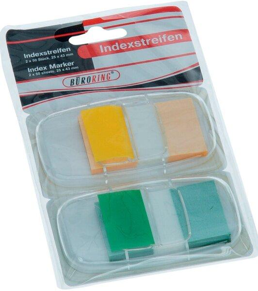 Produktbild Büroring Haftstreifen, 25 x 43 mm, 2 x 50 Streifen, Plastik, sortiert grün, gelb (25 x 43 mm)