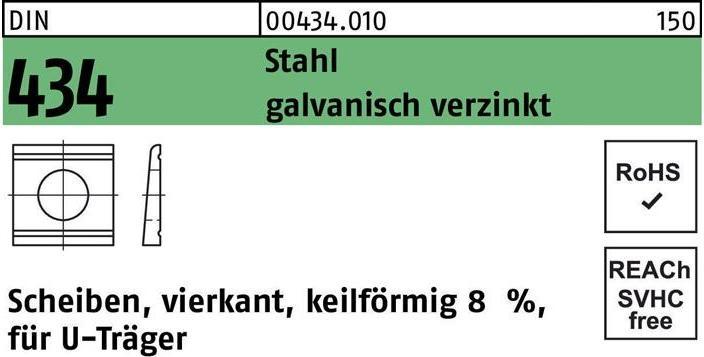 Produktbild U-Scheibe DIN 434 vierkant keilförmig 26 Stahl galvanisch verzinkt Neigung 8%