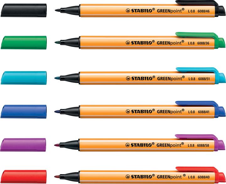Produktbild STABILO GREENpoint umweltfreundlicher Filzschreiber (Grün, Schwarz, Lila, Türkis, Blau, Rot, 6 x)