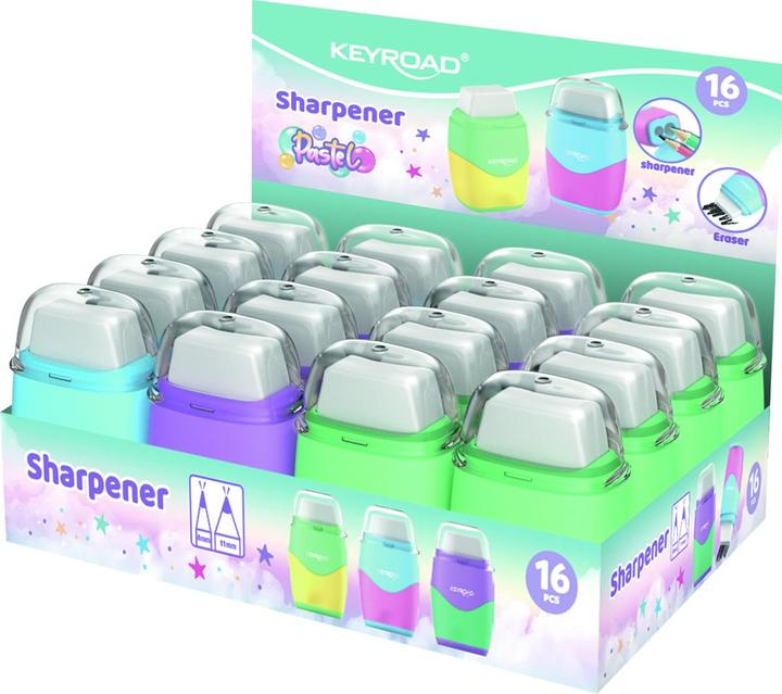 Actual product image Keyroad plastic sharpener with eraser, pastel, double, box, mixed colours