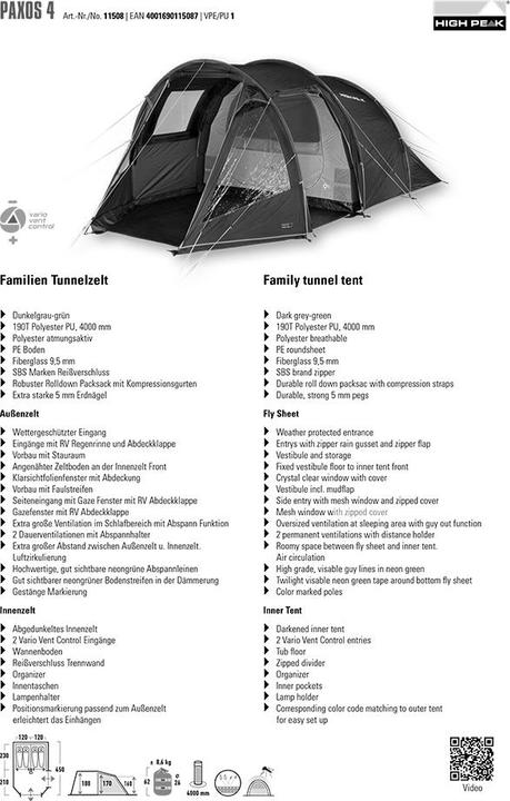 Produktbild High Peak Paxos 4 (Tunnelzelt, 8.90 kg, 4 Personen)