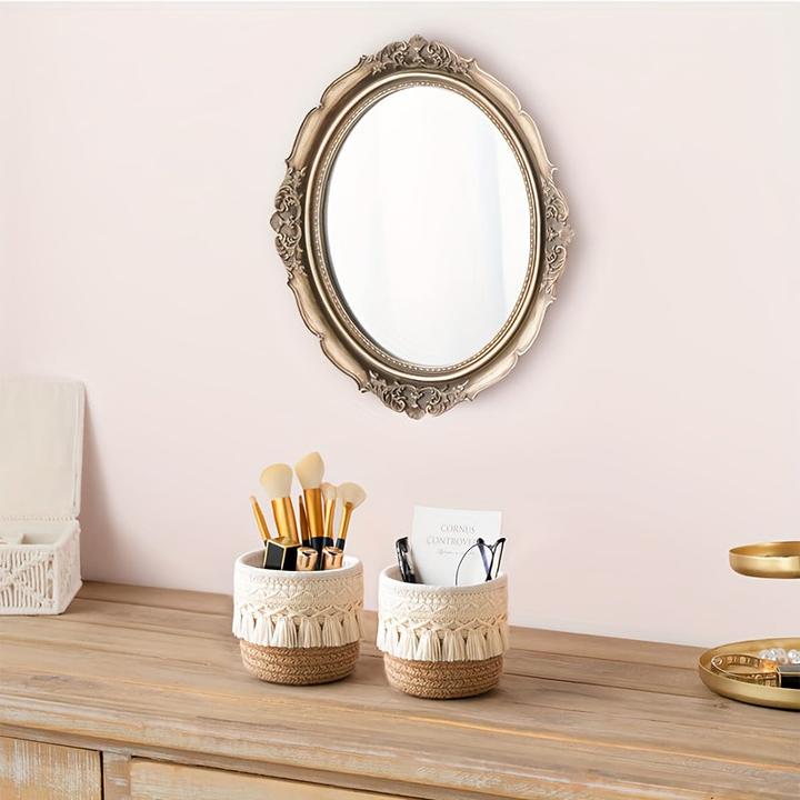 Actual product image Alopini 1pc Handmade Boho Chic Makeup Brush Holder - Wicker Cosmetic Storage Basket with Brushes