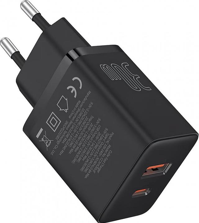 Actual product image Baseus Cube, 30W, 2.4A, 1 x USB-A - 1 x USB-C, black (30 W)