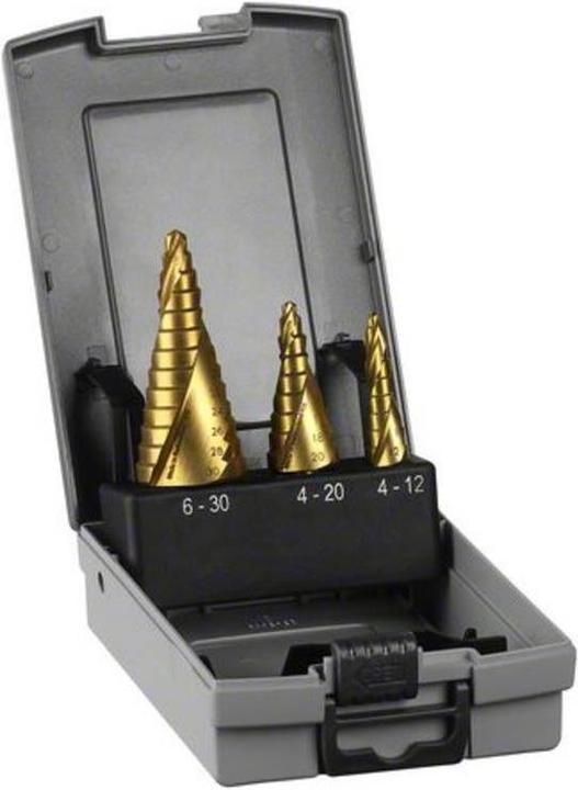 Actual product image Bosch Professional Zubehör HSS-TiN step drill set, 3 pcs., 4-12/4-20/6-30 (4-12mm, 4-20mm, 6-30mm)
