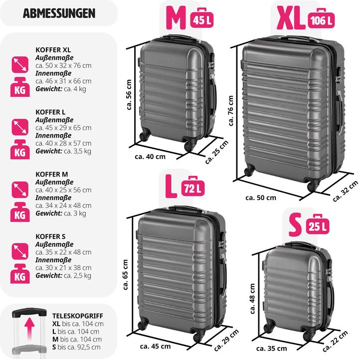 Produktbild tectake Hartschalenkofferset (106 l, Handgepäck (bis 50l), M (50 - 90l), L (90 - 115l))
