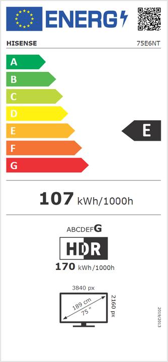 Energy Label Hisense TV 75E6NT (189 cm (75 inch), black, UltraHD/4K, HDR, triple tuner) (75", LED, 4K)