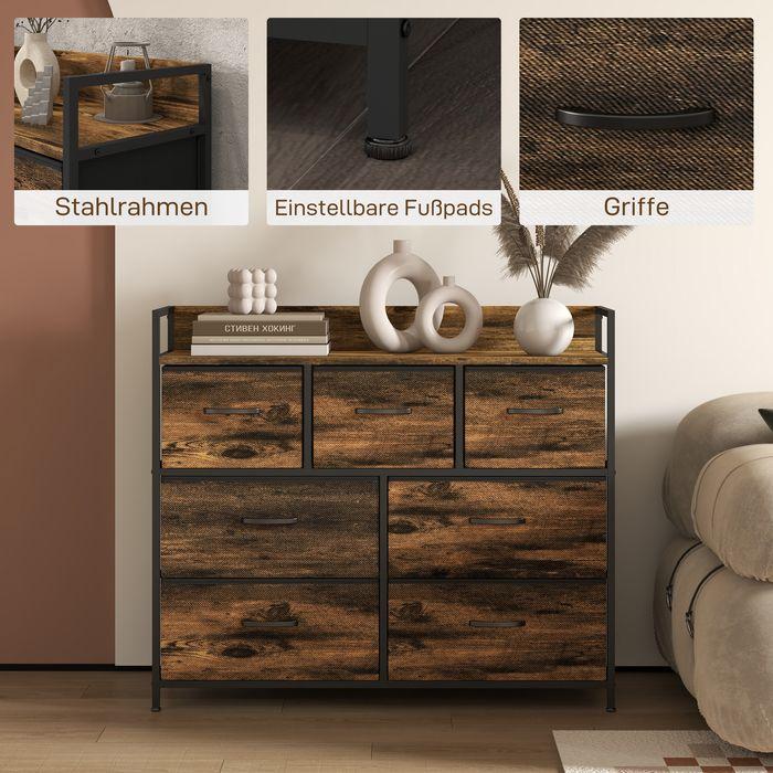 Image du produit Swisshandel24 Commode, Sideboard avec 7 tiroirs en tissu, design industriel, cadre en acier, 98x29x85cm, brun/noir
