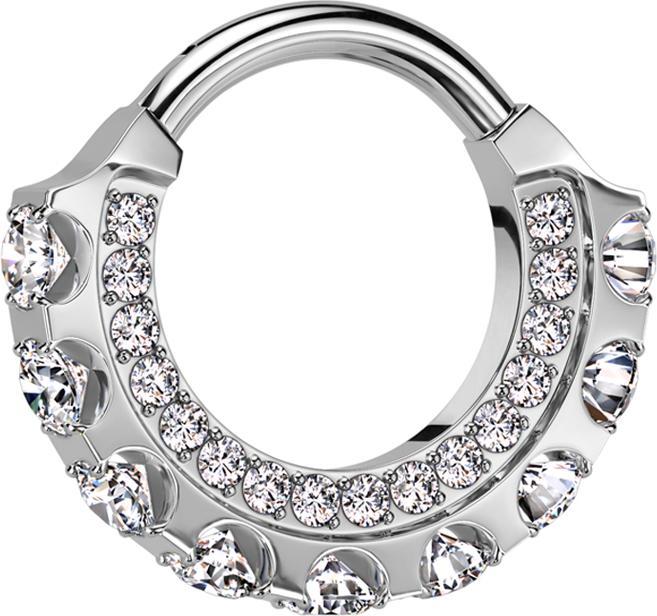 Star Piercing Micro Segmentring klappbar silber front und seitlich grosse Kristalle silber (Titan G23, ohne Messing)