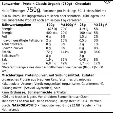 Valeurs nutritives et ingrédients Sunwarrior Protéine Classic Organic (Chocolate, 1 pcs, 750 g)