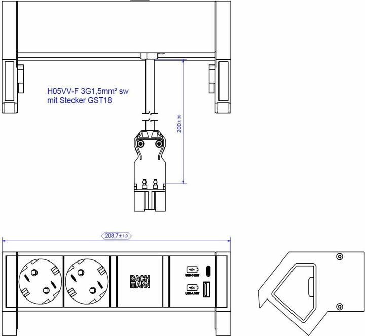 Produktbild Bachmann DESK2 2xCEE7/3 1xUSB A&C 22W (2 x, CEE 7/3, 0.20 m)