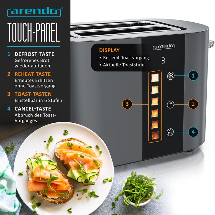 Produktbild Arendo Toaster Edelstahl 2 Scheiben Kurzschlitz, Restzeit & Bräunungsgradanzeige, Touch Display, 800 W (EU-Stecker)