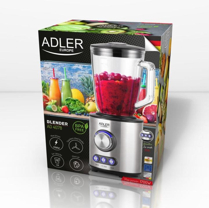 Actual product image Adler Blender AD 4078 Tabletop, 1700 W, Jar material Glass, Jar capacity 1.5 L, Ice crushing, Stainless (EU plug, 800 W)
