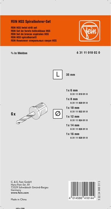 Produktbild Fein HSS Spiralbohrer-Set mit 3/4 in Weldon-Aufnahme (6, 8, 10, 12, 14 und 16 mm)