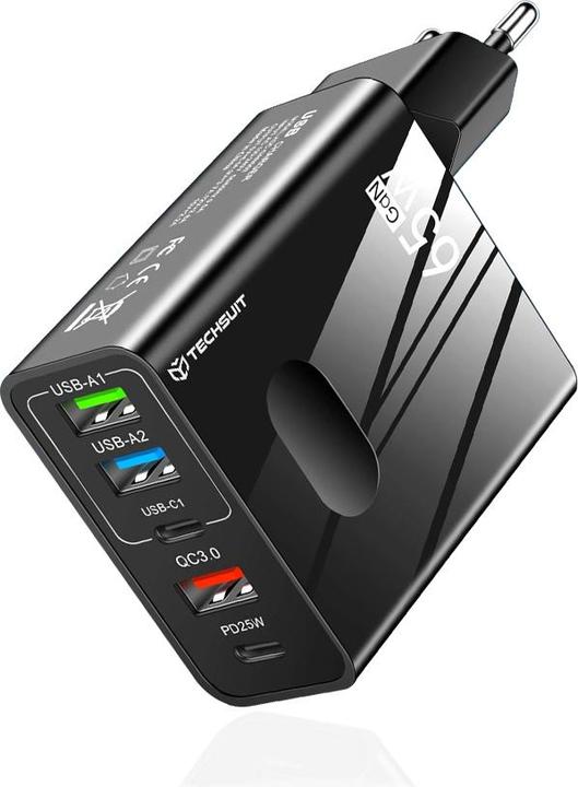 Image du produit Techsuit - Premium Wall Charger PentaXPower (CHC1) - 3x USB, 2x Type-C PD 25W, 65W, GaN, 1m - Black