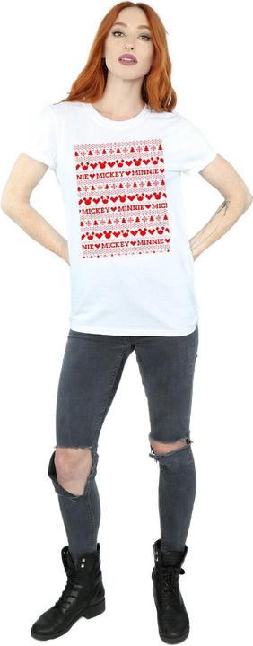 Actual product image Disney Womens/Ladies Mickey And Minnie Christmas Fair Isle Cotton Boyfriend T-Shirt (S)