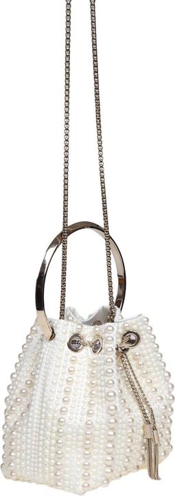 Jimmy Choo bon bon bucket in satin and applied pearls