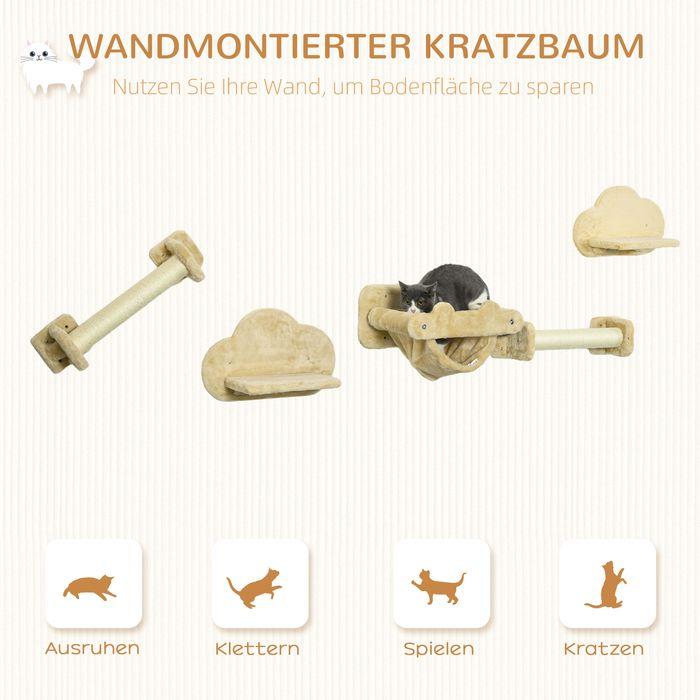 Produktbild Swisshandel24 Katzen Kletterwand 5-teiliges Set mit Treppe, 2 Kratzstämmen, Plattformen, Hängematte, Plüsch (28 cm, Beige)