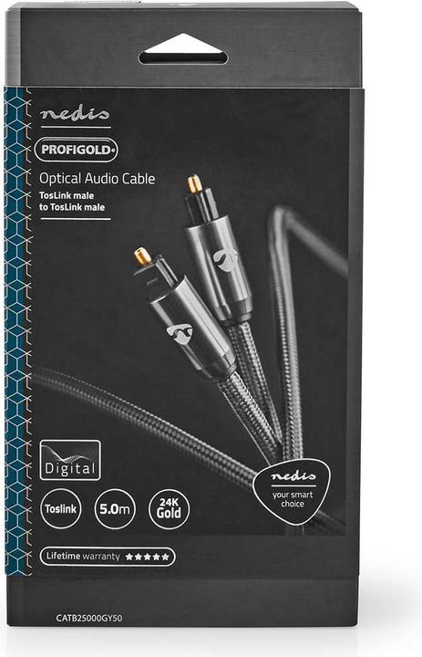 Immagine prodotto Nedis Cavo audio ottico TosLink maschio, 5m, rotondo, intrecciato - Grigio con metallo (5 m, TOSLINK)