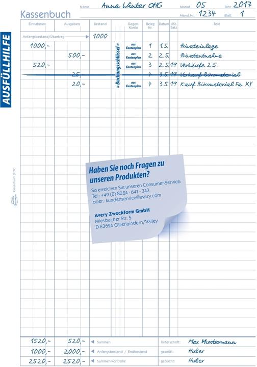 Nährwerte und Zutaten Avery Kassenbuch (40 x)