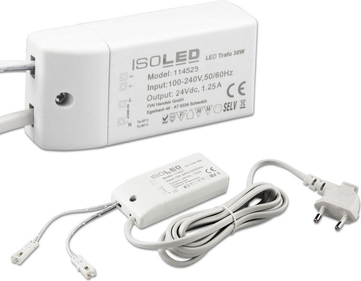 Productafbeelding Isoled LED transformator MiniAMP 24V/DC, 0-30W, 200cm kabel met bladklem, secundair 2 vrouwelijke bussen