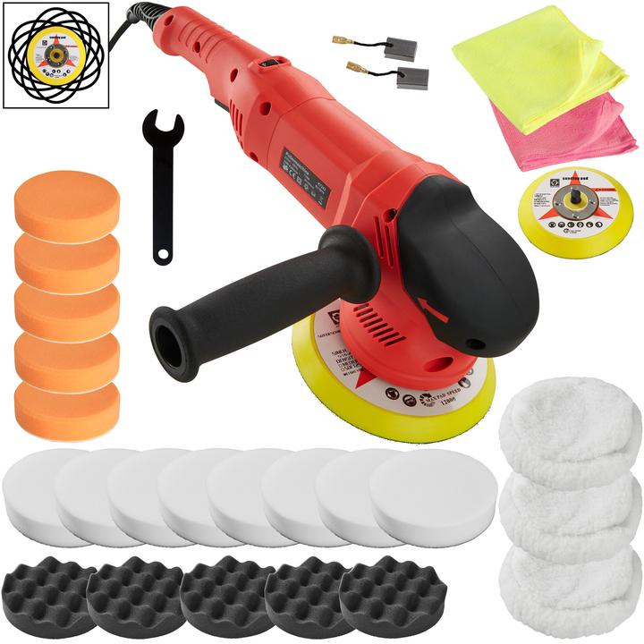 1 Rotationsteller 125 mm, 3 superweiche Polierfelle 180 mm, 5 gewaffelte Polierschwämme, 1 Stabgriff, 5 Polierschwämme mittel 150 mm, 2 Mikrofasertücher für Handpolitur, 1 Rotationsteller 150 mm, 8 Polierschwämme soft 180 mm, 1 Profi Exzenter Poliermaschine 710 W inkl. 2 x Ersatzkohle