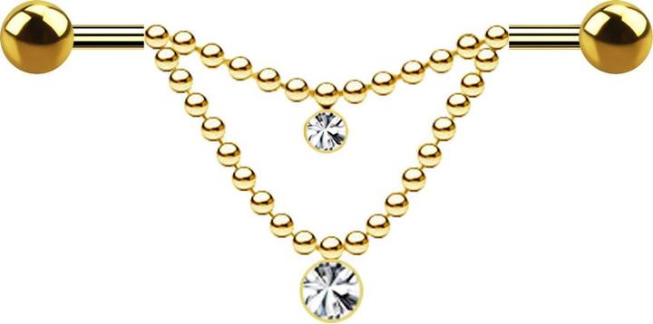 Produktbild Star Piercing Barbell vergoldet zwei Kugeln zwei Ketten Kristall sillber (Chirurgenstahl 316L)
