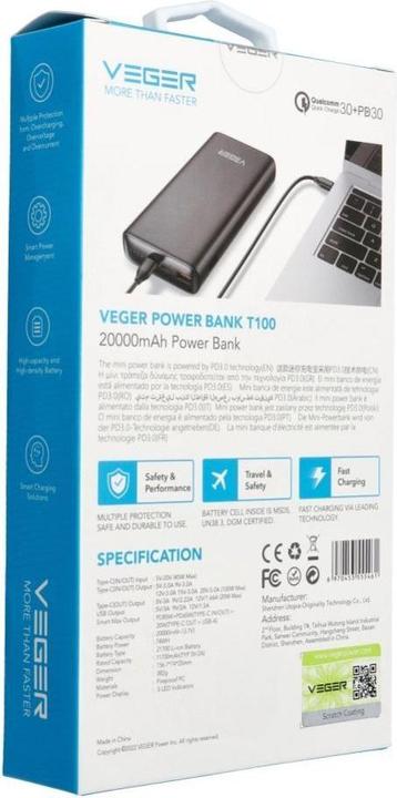 Actual product image Veger TC100 VG-W2032C-100 20000mAh powerbank 130W (20000 mAh, 100 W, 74 Wh)