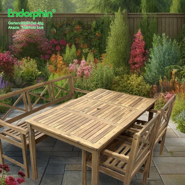 Produktbild Garten Sitzgarnitur aus Akazienholz massiv im Teakholz-Look 4tlg. (Tisch, Bank, 2 Stühle)