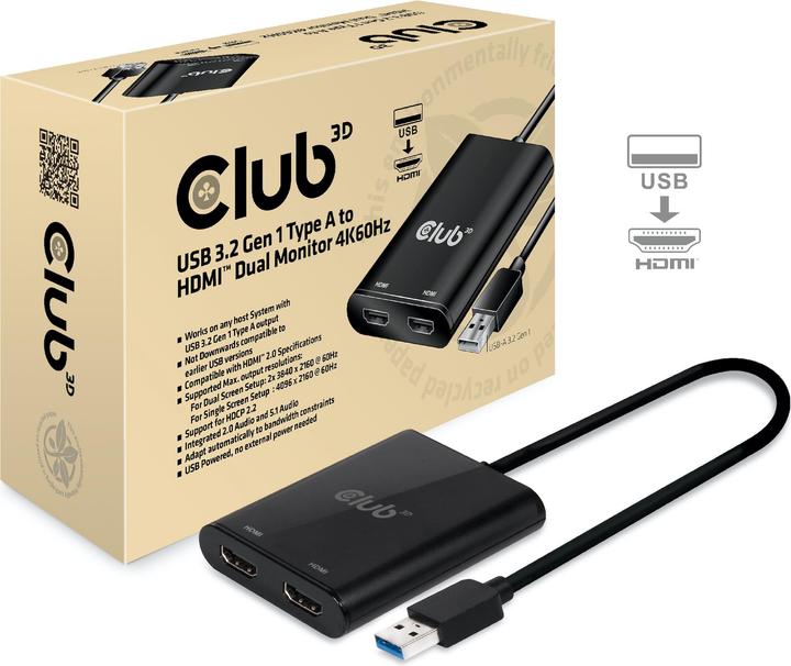 Actual product image Club 3D USB A to HDMI 2.0 Dual Monitor 4K 60Hz Adapter