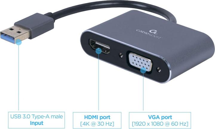 Produktbild Gembird CableXpert USB-auf-HDMI+VGA-Display-Adapter, Spacegrau (USB-A, HDMI, 5.80 cm)