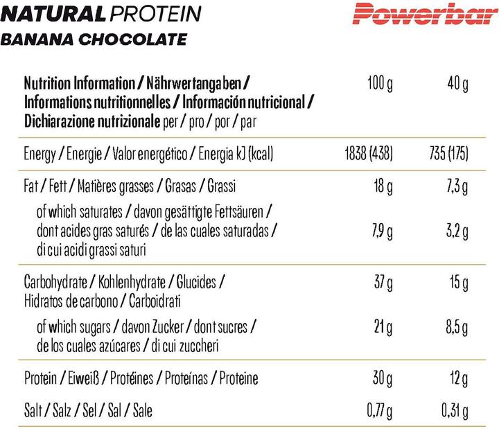 Nutritional values and ingredients Powerbar Natural Protein (Banana, Chocolate, 18 pcs., 720 g)