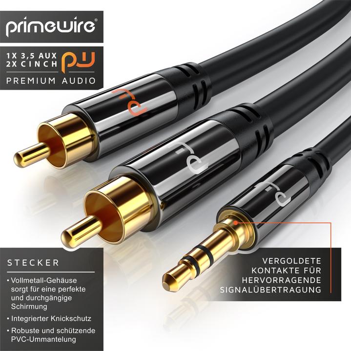 Produktbild Primewire Cinch zu 3,5mm Klinke Audio Kabel, Cinchkabel, RCA, AUX, Stereo HiFi Adapter mehrfach geschirmt (2 m, 3.5mm Klinke (AUX), Cinch)