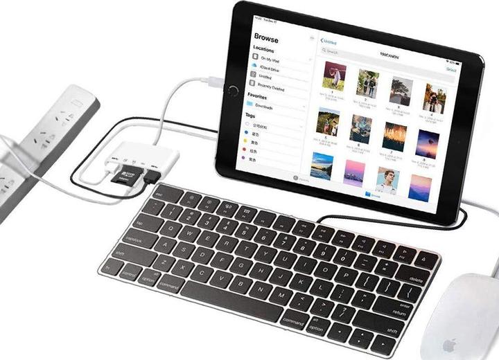 Image du produit Apfelkiste Lecteur de carte Lightning vers SD/MicroSD & adaptateur de charge pour iPhone/iPad (Lightning, USB-A, MicroDot)
