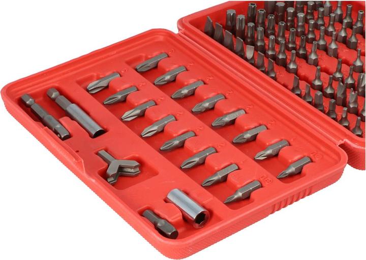 Produktbild FixPoint Bitsatz 100-teilig aus hochwertigem Werkzeugstahl (Innensechsrund TX M20, Innensechsrund TX M27, Innensechsrund TX M30, Innensechsrund TX M10, Innensechsrund TX M15, Innensechsrund TX M25, Innensechsrund TX M40, Kreuz Pozidriv PZ M1, Kreuz Pozidriv PZ M2, Kreuz Pozidriv PZ M3, Kreuz Pozidriv PZ M0, Innensechsrund TX M6, Innensechsrund TX M8)