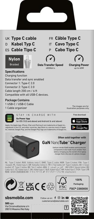 Produktbild SBS Gewebekabel mit USB-C-Steckern (2 m, USB 3.2 Gen 2)
