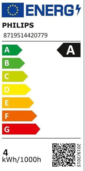 Etichetta energetica Philips Lampadina LED Forma E27 4 Watt Trasparente Filamento Bianco Caldo (E27, 4 W, 840 lm, 1 x, A)