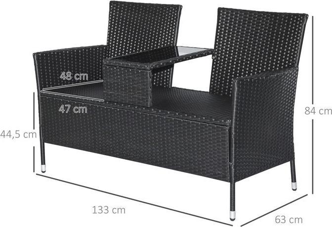 Image du produit Swisshandel24 Banc de jardin en poly rotin Canapé de jardin Banc avec table 2 places Acier noir L133xP63xH84cm